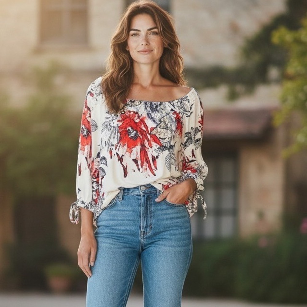 ❤️NWOT Bali Corp Women Floral 3/4 Sleeve Tie Cuff Blouse White Red Black Size M